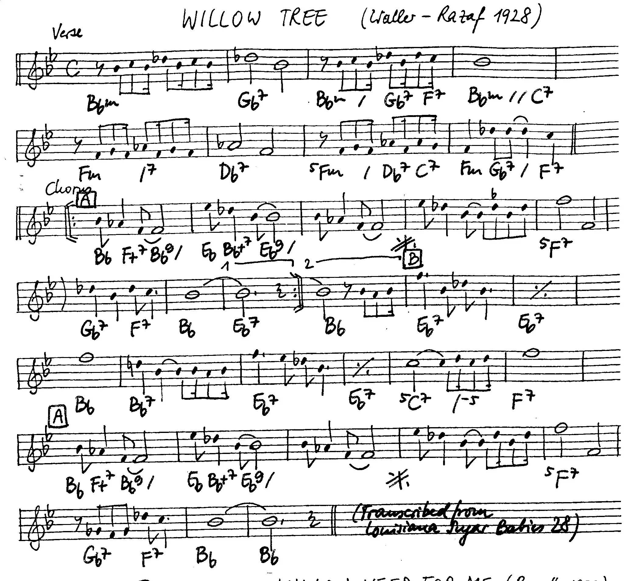willow tree. Free Jazz Leadsheet, courtesy of The Jungle Jazz Band